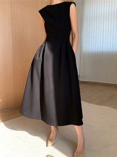 Classic Black Dress Formal, Dress With Coat Outfit Classy, Classy Two Piece Outfit, Flattering Black A-line Dress, Chic Black A-line V-neck Dress, Classic Black A-line Vintage Dress, Sleek Black A-line Sleeveless Dress, Modest Black A-line Dress, Summer Work Dresses