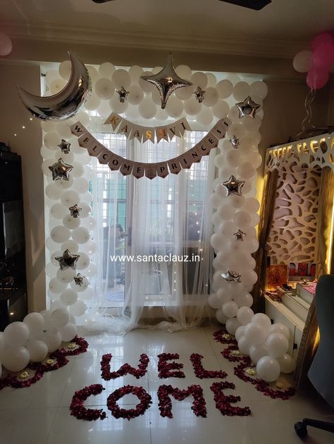 Welcome Balloon Decoration Ideas, Welcome Decoration Ideas Home Indian With Balloons, Welcome Back Surprise Ideas, Surprise Welcome Home Decorations, Baby Homecoming Decorations, Baby Welcome Decoration Home Indian, Baby Girl Welcome Decoration Ideas Home, Welcome Home Balloons Ideas, Welcome Baby Decoration Ideas At Home