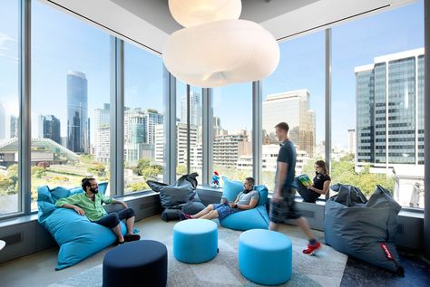 Casual break out space with beanbags Cloud Lighting, Office Reference, Production Office, Bean Bag Office, Animation Schools, Breakout Area, Smart Office, Office Lounge, Office Area