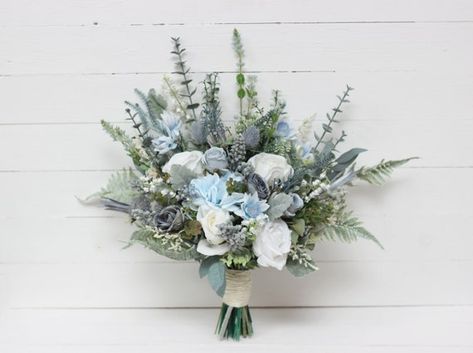 Dusty Blue White Bridal Bouquet Spring Bouquet Bridesmaid - Etsy Australia Blue And Green Bridesmaid Bouquet, Fall Dusty Blue Wedding, Dusty Blue And Sage Green Wedding, Boho Wedding Bridesmaid, Green Spring Wedding, Wedding Flowers Boho, Boho Wedding Bridesmaids, Wedding Bridesmaid Bouquets, Winter Bridal Bouquets