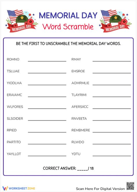 It’s the unofficial start to summer– Memorial Day. But what’s it really about? Now it is the perfect chance to use the Memorial Day Word Scramble to talk with kids about Memorial Day. Check it out!
#holidays #memorialday #wordscramble #memorialdaywordscramble #memorialdayworksheets #worksheets #kidsactivities #worksheetsforkids #freeprintables #printablesforkids Memorial Day Worksheets, Word Scramble, Holiday Activities, Worksheets For Kids, Educational Materials, Memorial Day, Free Printables, Activities For Kids, Holidays