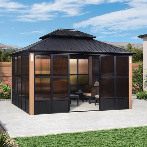 Aluminum Gazebo Ideas Backyard, Gazebo Off House Deck, Yardistry Gazebo Electrical, Metal Gazebo On Deck, Home Depot Gazebo, Outdoor Sunroom, Hardtop Gazebo, Screen House, Aluminum Patio