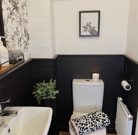 Dark Bathroom Panelling, Men’s Half Bathroom, Half Black Bathroom Wall, Bathroom Black Paneling, Black Panelled Bathroom, Small Black Toilet Room, Black Panelling Toilet, Black Half Wall Bathroom, Toilet Room Paneling