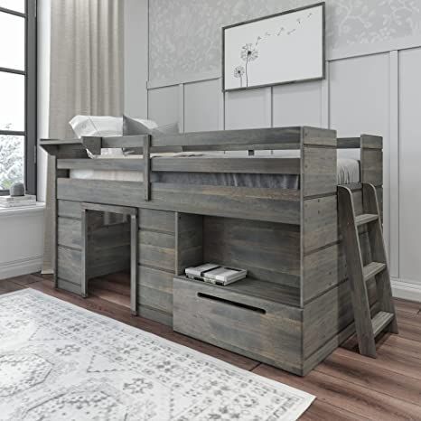 Twin Bed Frame for Kids Low Loft Bed With Storage, Loft Bed Twin, Loft Bed With Storage, Bed Twin Size, Low Loft Bed, Solid Wood Bed Frame, Kids Loft Beds, Low Loft Beds, Bed Twin