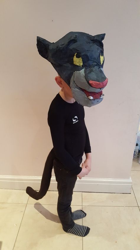 Bagheera (Jungle Book) Costume for World book day. Papier mache head. Bagheera Costume, Bagheera Jungle Book, Kids Monkey Costume, Jungle Book Costumes, Book Parade, Jungle Book Party, Monkey Costumes, Book Costumes, World Book Day Costumes