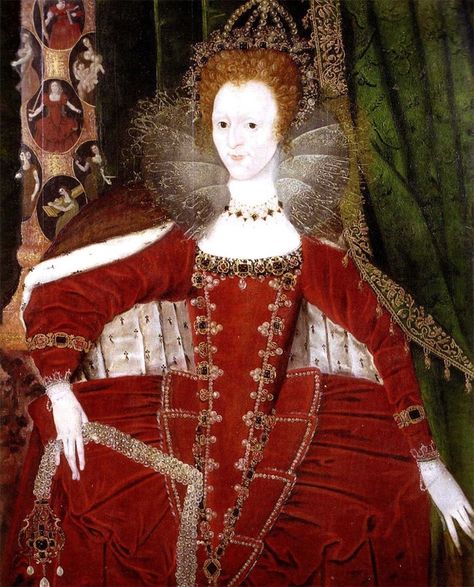 1596 Queen Elizabeth I (1533–1603) and the Cardinal and Theological Virtues by ? (Dover Collections - Dover UK) | Grand Ladies | gogm Borgias Costumes, 16th Century Fashion, Elizabethan Era, Tudor Dynasty, Tudor Era, Woman In Red, Tudor History, English History, Elizabeth I