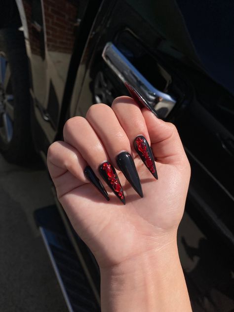 #blackandred #acrylic #acrylicnails #aesthetic #rednails #stiletto #stilettonails #stilettoacrylicnails Red Bottom Stiletto Nails, Black And Red Stiletto Nails, Red Bottom Acrylic Nails, Red Stiletto Nails, Red Stilettos, Red Bottom, Unique Acrylic Nails, Red Bottoms, Red Rhinestone