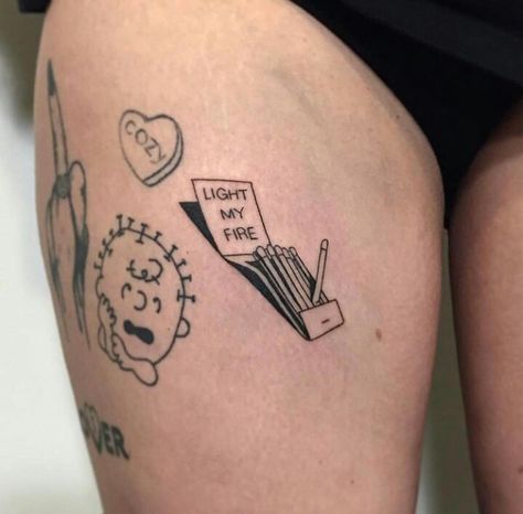 Old Lighter Tattoo, Deeds Not Words Tattoo, Coming Of Age Tattoo, Stick And Poke Tattoo Big, Menace To Society Tattoo, The Doors Tattoo Ideas, The Doors Tattoo, Match Box Tattoo, Big Stick And Poke Tattoo