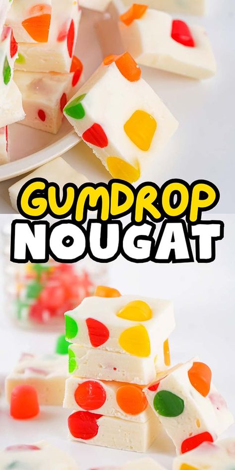 This sweet and chewy candy has been a beloved favorite for ages! With just 4 simple ingredients, you can create this tasty masterpiece in next to no time. Gumdrop nougat is not only sweet and satisfying, but its vibrant colors also bring a festive spirit, making it perfect for all your holiday celebrations. If you love sweets, this charming and nostalgic gumdrop nougat is sure to win your heart! Make extra - it's a nice idea for gifting too (and you can swap the Dots for any colorful candies!) Dots Nougat Candy, Jelly Nougat Candy Recipe, Gumdrop Nougat Candy Recipes, Marshmallow Nougat, Gumdrop Nougat, Nougat Candy, Marshmallow Candy, Candy Homemade, Holiday Snack