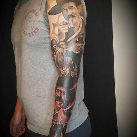 Tattoo sleeve inspired by the movie Tombstone Texas Themed Tattoos Sleeve, Old Western Tattoo Sleeve, Wyatt Earp Tattoo, John Wayne Tattoo Ideas, Tombstone Tattoo Movie, Tombstone Movie Tattoo, Outlaw Tattoos For Men, Western Sleeve Tattoo For Men, Charro Tattoo