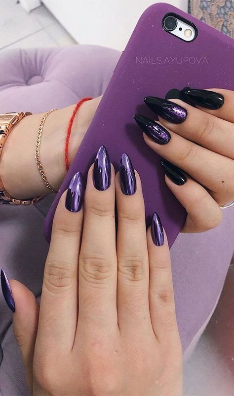 (ad) Easy nail designs black for Beginners: The Ultimate guide #4!** Check out this great ideas. Chrome Black Nails, Nails Board, Nail Art Designs For Beginners, Purple Chrome, Nail 2023, Violet Nails, Easy Nail Art Designs, Purple Acrylic Nails, Goth Nails