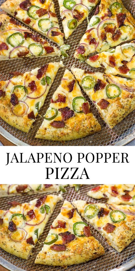 Jalapeno Popper Pizza | Mix things up with this unique + tasty pizza idea! Jalepeno Popper Pizza, Jalapeno Popper Pizza, Unique Pizza Recipes, Grilled Jalapeno Poppers, Friday Night Pizza, Spicy Pizza, Tasty Pizza, Unique Pizza, Poppers Recipe