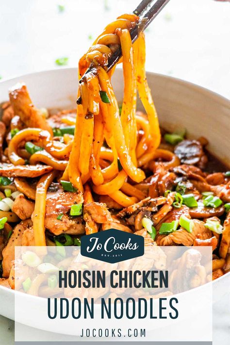 Udon Noodle Recipe, Chicken Udon Noodles, Chicken Udon, Udon Noodles Recipe, Udon Recipe, Noodles With Chicken, Hoisin Chicken, Chicken And Mushrooms, Asian Noodle Recipes