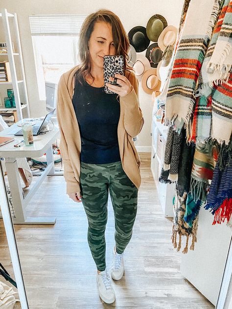 What To Wear With Camo Leggings, Camo Joggers Outfit Women, Camo Joggers Outfit, White Veja Sneakers, Camo Leggings Outfit, Basic Loungewear, Joggers Outfit Women, Cocoon Sweater, Camouflage Leggings