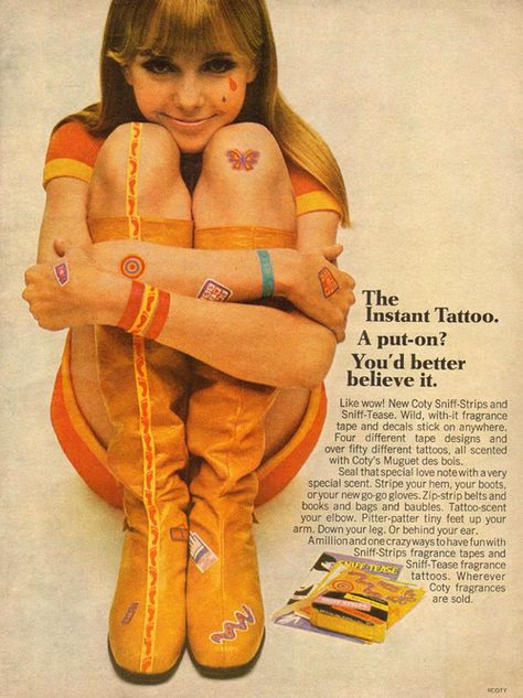 The Instant Tattoo by Coty (1967) Nostalgic Images, Beauty Ad, Sixties Fashion, Seventeen Magazine, Hippie Girl, Vintage Cosmetics, Vintage Makeup, Tattoos For Kids, Love Clothing