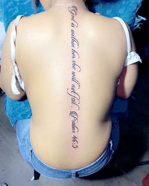 Kilo PoeticTattoos Abrams on Instagram: “God is within her she will not fail Psalms 46:5” Psalms 46 5 Spine Tattoo, God Is Within Her She Will Not Fail Spine Tat, She Will Not Fail God Is Within Her Tatto, God Is Within Her She Will Not Fail Tattoo, God Is Within Her She Will Not Fail Tat, God Is Within Her She Will Not Fail, Just Breathe Tattoo, Faith Tattoos, Small Neck Tattoos