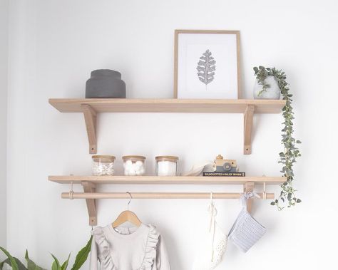 Bracket Shelf Tasmanian Oak Shelf with Hanging Rod Wooden | Etsy Floating Shelves With Hanging Rod, Shelf With Hanging Rod, Nursery Shelving, Nursery Wall Shelf, Scandinavian Shelves, Tiny Nursery, Oak Shelf, Hat Shelf, Wooden Nursery