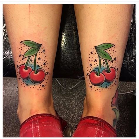 Matching traditional cherry tattoos by Rene Almiron. #traditional #matching #cherry #fruit #ReneAlmiron Traditional Cherry Tattoo, Old School Tattoo Sleeve, Tattoo Cherry, Rockabilly Tattoos, Cherry Tattoo, Strawberry Tattoo, Tattoo T, Cherry Tattoos, Tattoo Henna