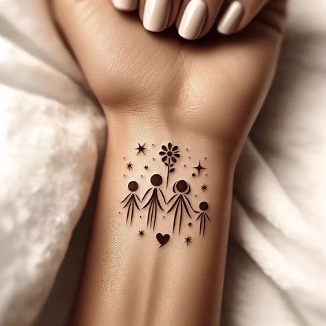 20 Pretty Four Kids Tattoo Ideas for Moms | shoestring baby Silhouette Family Tattoo, Boho Mom Tattoo, Four Kids Tattoo Ideas, Niece Aunt Tattoo Ideas, Mother Of Four Tattoo Ideas, Mom Of Two Boys Tattoo, Simple But Cute Tattoos, Tattoo For 4 Kids, Multiple Kids Tattoos For Moms