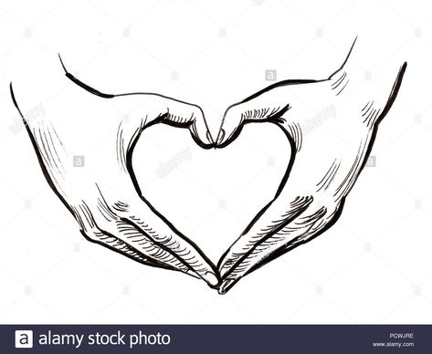 Download this stock image: hands making heart shape. Ink black and white drawing - PCWJRE from Alamy's library of millions of high resolution stock photos, illustrations and vectors. Hand Heart Drawing Sketch, Reilly Head, Hands Making A Heart, Heart Shaped Hands, Art Plage, Illustration Art Nouveau, Optical Illusion Tattoo, Hand Heart, Heart Hands Drawing