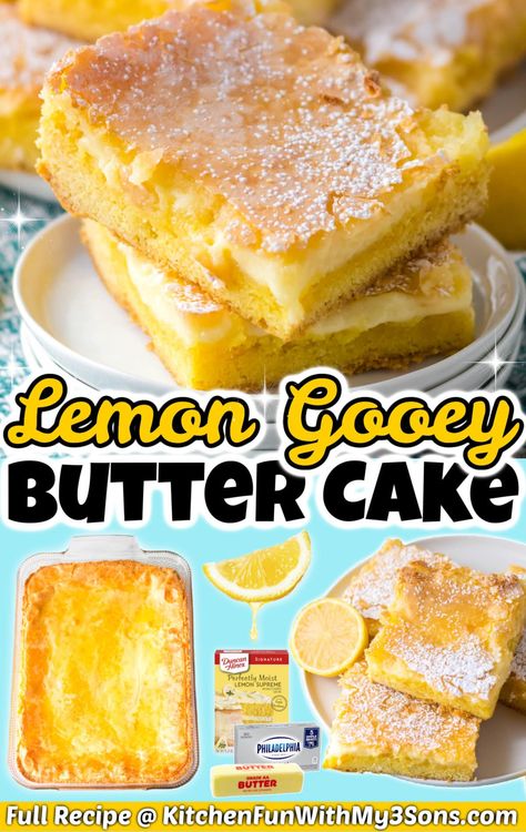 Lemon Gooey Butter Cake, Gooey Lemon Bars, Lemon Cake Bars, Delicious Lemon Desserts, Recipe Using Lemons, Lemon Cake Mix Recipe, Ooey Gooey Bars, Ooey Gooey Butter Cake, Box Lemon Cake