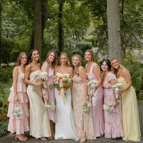 All Posts • Instagram Floral Color Palette, Bridesmaid Photoshoot, Floral Bridesmaid Dresses, Mismatched Bridesmaids, Mismatched Bridesmaid Dresses, Yellow Bridesmaids, Spring Wedding Colors, Pink Bridesmaid Dresses, Dream Wedding Ideas Dresses