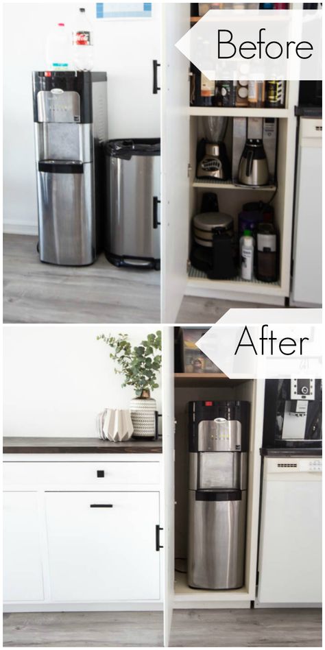 Wow! This is genius! Is your water cooler an eyesore? Hide it inside one of your tall cabinets with this simple tutorial! With just a few tools you can have your own hidden water cooler or water dispenser. Love this idea for a clean, modern look in the kitchen! #blackandwhite #modernkitchen #diy How To Hide A Water Cooler, How To Hide Water Cooler In Kitchen, Hidden Water Cooler In Kitchen, Hidden Water Cooler, Coffee Bar With Water Dispenser, Hide Water Dispenser Ideas, Water Cooler In Kitchen, Water Cooler Cabinet Ideas, Hidden Water Dispenser