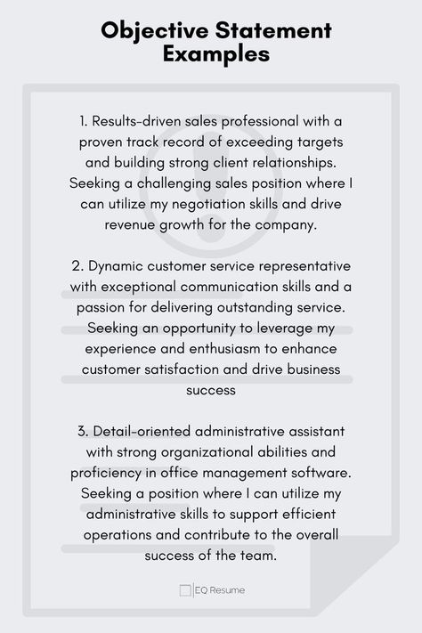 Craft a compelling objective statement with EQ Resume's diverse examples! Find inspiration for your resume's introduction and make a strong first impression. #objectivestatement #resumetips #EQResume #careeradvice #jobsearch #careerdevelopment #jobhunt #professionalgrowth #resumewriting #jobapplication First Job Resume, Resume Objective Examples, Introduction Examples, Linkedin Tips, Interview Prep, Resume Objective, Job Interview Tips, Interview Preparation, Job Resume