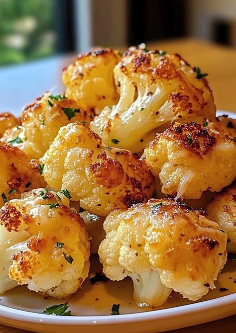 Cheesy Garlic Parmesan Cauliflower – a quick, cheesy, roasted side dish full of flavor! Perfect for any meal. Try it today! Garlic Parmesan Cauliflower, Roasted Side Dishes, Cheesy Broccoli Casserole, Parmesan Cauliflower, Roasted Cauliflower Recipes, Buffalo Cauliflower Bites, Cauliflower Dishes, Cheesy Cauliflower, Cauliflower Recipe