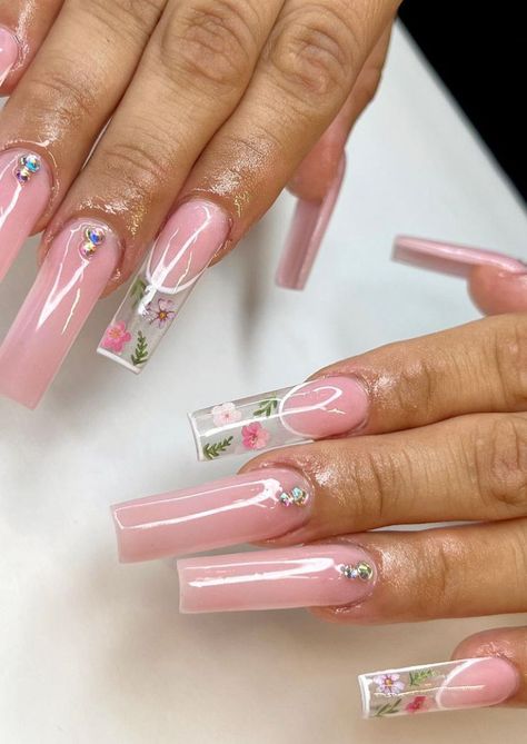 Unique Purple Nails, Cherry Blossom Nails Acrylic Long, Light Green Nails With Pink Flowers, Green Nails Pink Flowers, Green Cherry Blossom Nails, Butterfly Garden Nails, Cherry Blossom Nails Art, Cherry Blossom Nails, Fall Nail Trends