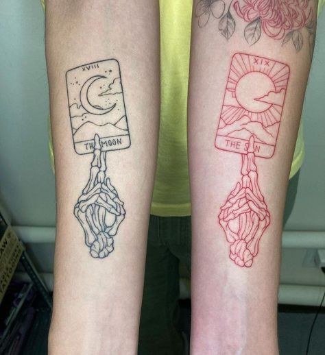 Matching Tattoo Ideas, Tato Flash, Matching Friend Tattoos, Tarot Card Tattoo, Tarot Tattoo, Red Ink Tattoos, Red Tattoos, Card Tattoo, Matching Tattoo