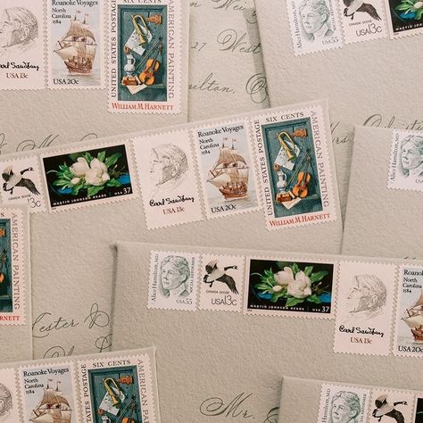 Papira • Alexandra Timita on Instagram: "Vintage postage stamps curated for M&S’s wedding invitation suite. A lovely set for a lovely Napa wedding with @sophia.goff." Sophia Goff, Zodiac Wedding, Stamp Invitation, Martin Johnson Heade, Travel Stamp, Napa Wedding, Vintage Postage Stamps, American Painting, Vintage Postage