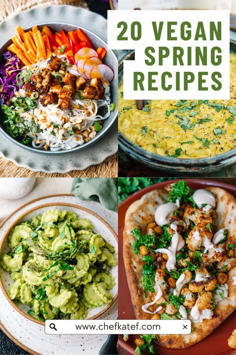 Fresh, healthy, and vibrant vegan recipes for spring! These 20 recipes are full of herbs and spring produce, like asparagus, broccoli, carrots, kale, and other greens. Vegan recipes perfect for March, April, and May. Vegan Spring Dinner Recipes, Spring Vegan Meals, Spring Vegan Recipes, Vegan Spring Recipes, Spring Soup Recipes, Seasonal Vegan Recipes, Asparagus Broccoli, Recipes For Spring, Vegetarian Eating