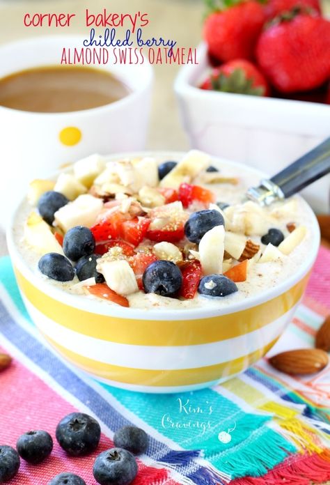 The Corner Bakery's Chilled Berry Almond Swiss Oatmeal is a seasonal item, but with this copycat recipe, you can enjoy this delicious swiss oatmeal year round! (made healthier & gluten-free) Corner Bakery Chicken Salad Recipe, Swiss Oatmeal, Easy Breakfast Bowls, Muesli Recipe, Berry Oatmeal, Corner Bakery, Breakfast Recipies, Overnight Oats Recipes, Overnight Oats Recipe