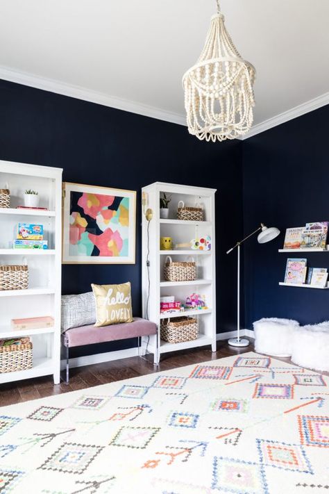 Navy Blue Playroom Ideas, Navy Blue Playroom, Navy Playroom, Blue Playroom, Colorful Room, Girls Room Design, Elegant Bedroom Decor, Living Room Playroom, Girls Playroom