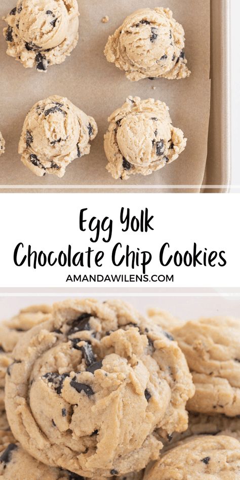 Delicious 4 egg yolk recipe for chocolate chip cookies! These egg yolk cookies are chewy, rich, and so tasty. Egg Yolk Recipe, Egg Yolk Cookies, Recipe For Chocolate Chip Cookies, Egg Yolk Recipes, Dough Cookie, Chewy Cookies, Egg Yolks, Chocolate Chip Cookie Dough, Easy Cookie Recipes