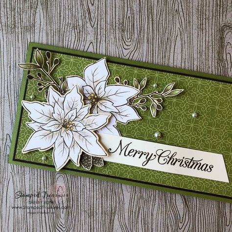 Poinsettia Christmas Card Ideas, Slimline Christmas Cards Handmade, Cards With Poinsettias, Slimline Christmas Cards, Christmas Flower Cards, Diy Crafts Tutorials, White Poinsettia, Poinsettia Cards, Handmade Christmas Cards