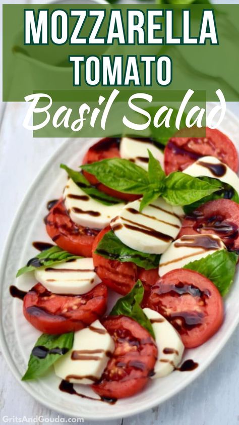 This Mozzarella Tomato Basil Salad recipe is a quick 4 ingredient caprese salad or appetizer for summer. Ready to serve in less than 10 minutes! Now that's a fresh and easy recipe, perfect for hot summer days. Mozzarella Cheese Tomato And Basil, Tomatoes Basil Mozzarella Appetizers, Tomato Basil Mozzarella Appetizers Balsamic Vinegar, Tomato And Fresh Mozzarella Appetizer, Tomatoes Mozzarella Balsamic, Fresh Mozzarella Tomato And Basil, Mozerella Tomato Balsamic, Tomatoes Mozzarella Basil, Caprese Salad Ideas