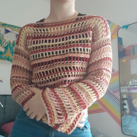 Mesh Sweater!! I made this using the tutorial by @keniksecrochet using an autumn colour pallete and I love how it turned out! Will I ever weave in any ends? Probably not!! #crochetprojects #crochet #crochetsweater #cute #autumn #autumnvibes🍁 Half Double Crochet Sweater, Triple Crochet Sweater, Crochet Panel Sweater, Multi Colored Crochet, Mesh Sweater, Cute Autumn, Half Double Crochet, Crochet Sweater, Double Crochet