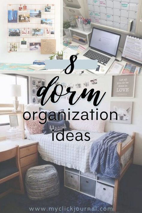 Dorm Organization Ideas for College Students | myclickjournal Student Life Hacks Dorm Room, College Dorm Checklist Freshman Year, College Dorm Hacks Freshman Year, Bullet Journal For College Students, Bowdoin College Dorm, Dorm Room Essentials List, Dorm Room Themes, Dorm Hacks, Diy Dorm Decor