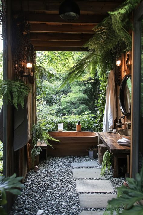 55 Forest Bathhouse Inspirations - TastyInteriors Outside Tub Ideas, Outdoor Shower And Sauna, Green House Bathroom, Backyard Bathhouse, Outside Bathroom Ideas Backyards, Bathroom Nature Theme, Bathhouse Aesthetic, Luxury Outhouse, Outside Bathroom Ideas