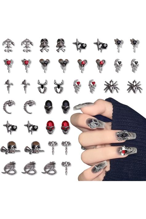 DAGEDA 40Pcs Halloween Nail Charms Goth Nail Gems, Nail Rhinestones 3D Gothic Nail Charms for Spider Cross Skull, Metal Nail Charms Nail Jewels for DIY Halloween Nail Art&amp;Cellphone Case(C) Diy Halloween Nail Art, Halloween Nails Diy, Nail Gems, Nail Rhinestones, Gothic Nails, Nail Jewels, Goth Nails, Cellphone Case, Diy Fashion Accessories