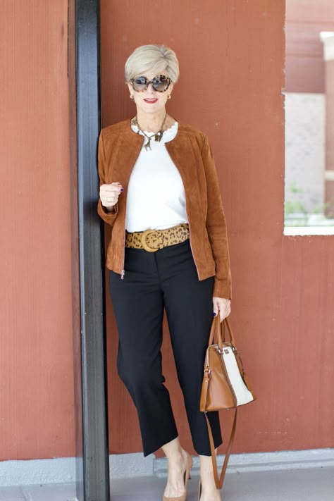 j.crew wide leg pants, ann taylor scalloped shell, ralph lauren cheeta belt, ann taylor suede pumps, ralph lauren suede jacket Mode Ab 50, Nine To Five, 50 Womens Fashion, 40 Fashion Women, Style At A Certain Age, Over 60 Fashion, Mode Casual, 50 Style, 60 Fashion