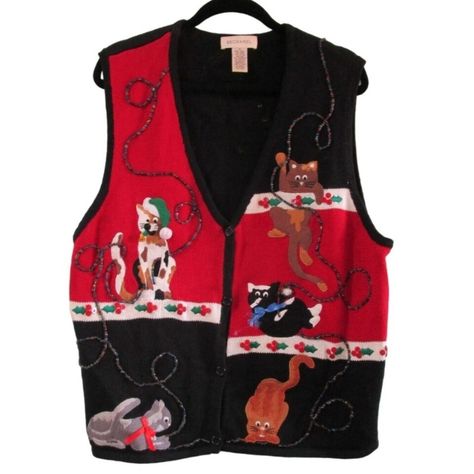 Discover the purr-fect holiday finds at What The Kat Dragged In 🐱✨ From vintage Christmas sweaters to festive dog apparel, we've got your seasonal style covered! #ChristmasFashion #VintageFinds #HolidayPets #UglySweater #ShopNow Embroidered Cats, Ugly Christmas Sweater Cat, Sweater Vest Vintage, Vintage Sweater Vest, Ugly Christmas Sweater Vest, Embroidered Cat, Vintage Christmas Sweaters, Christmas Sweater Vest, Dress Forms