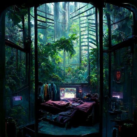 Solar Punk Room Decor, Cyberpunk Room Concept Art, Cyberpunk Nature Aesthetic, Biopunk City Concept Art, Urban Forest Architecture, Cyberpunk Aquarium, Plant Cyberpunk, Eco Cyberpunk, Overgrown Cyberpunk