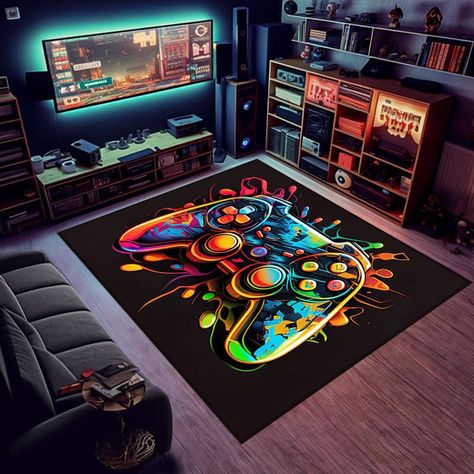 PRICES MAY VARY. 1. Size: With dimensions of 36x24inches (90x60cm), our gaming rug offers ample coverage for your gaming area. Whether you're playing on a console or PC, this rug provides a comfortable and immersive experience, enhancing your gameplay sessions. 2. Versatile Usage: This gamer rug is not limited to just the game room. It also serves as an excellent choice for boys' bedrooms, adding a cool and trendy vibe to their personal space. 3. Premium Quality: Our gaming rug is designed with Game Room Design Man Caves, Space Boys Room, Cool Gaming Rooms Artwork, Boys Gamer Room, Boys Gaming Bedroom, Video Game Room Wall Pain Color Boy, Gamer Room Rugs, Playstation Carpets For Bed Rooms, Preteen Boys Bedroom