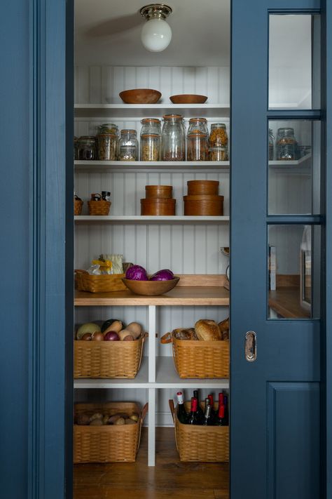 Blue Shaker Kitchen, Fine Paints Of Europe, Westchester County, Wicker Baskets Storage, Shaker Kitchen, Pantry Design, Historic Home, Kitchen Pantry, Custom Furniture