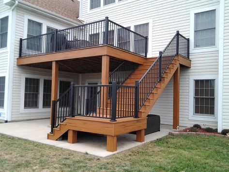 Stunning Double Composite Deck with Black Rail Deck With Black Railing, Black Metal Railing, Vinyl Siding Repair, Composite Decks, Black Railing, Lakehouse Ideas, Metal Railing, Suburban Home, Black Deck