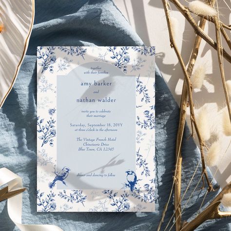 Chinoiserie wedding invitation with elegant blue and white vintage botanical design. Delicate and romantic floral, with branches of roses and birds of nature and a color palette in shades of blue inspired by rustic french toile, chic chinoiserie porcelain, delft pottery, the georgian, regency and victorian eras. For co-ordinating invitations, stationery, games and day-of-event decor, please browse my Chinoiserie Wedding Collection or message me to add any additional items you need. Blue Wedding Invitations Elegant, Chinoiserie Wedding Invitation, Chinoiserie Porcelain, Elegant Vintage Wedding, Chinoiserie Wedding, Porcelain Wedding, Delft Pottery, Blue And White Wedding, Chic Invitation