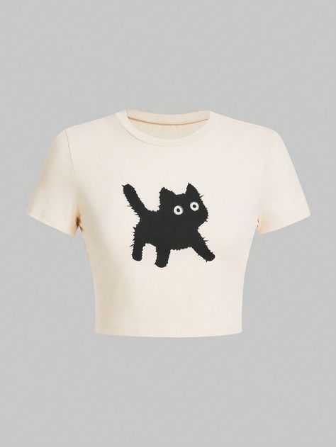 ROMWE Fairycore Plus Size Black Cat Printed Cropped Tight T-ShirtI discovered amazing products on SHEIN.com, come check them out! Cropped Graphic Tees, Black Cat Print, Cat Top, Plus Size Black, Fabric Animals, Cat Print, Star Patterns, Crop Tee, Knitwear Women